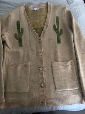 Beige Cactus Cardigan Sweater - Women's Button-Up